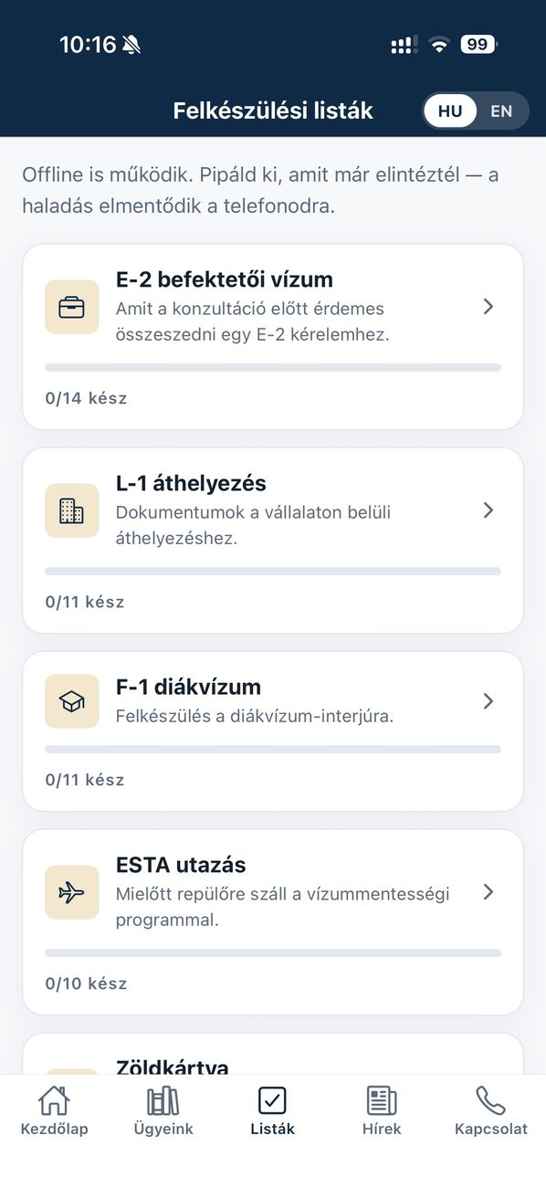 Az Amerikai Ügyvéd alkalmazás képernyője