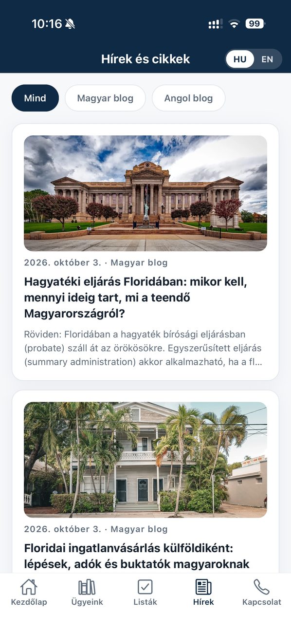 Az Amerikai Ügyvéd alkalmazás képernyője