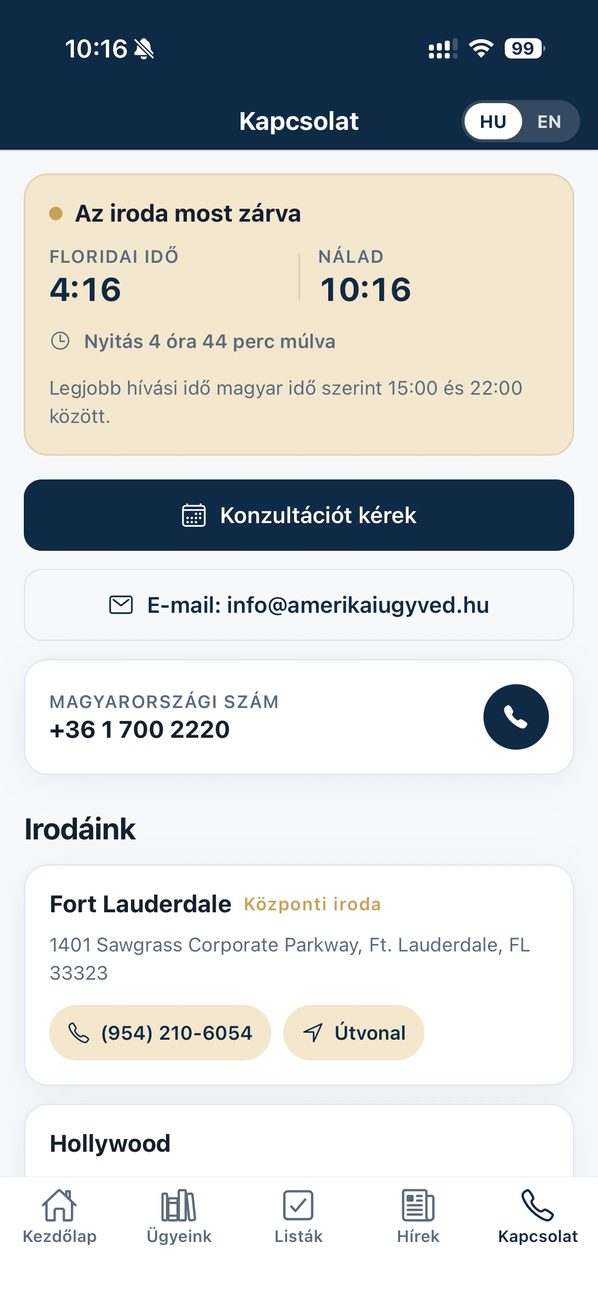 Az Amerikai Ügyvéd alkalmazás képernyője